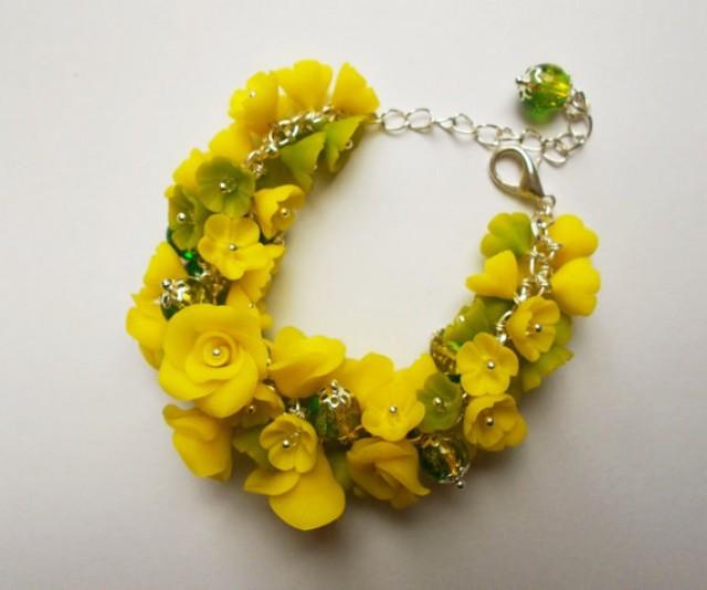 Polymer Clay Jewelry Bracelet Yellow Green Flower Bracelet Floral