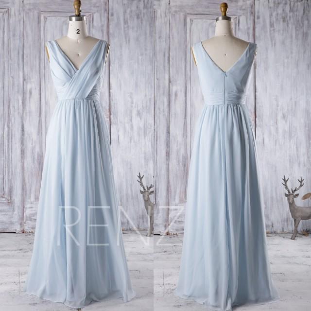2016 Light Blue Chiffon Bridesmaid Dress, V Neck Wedding Dress, Long