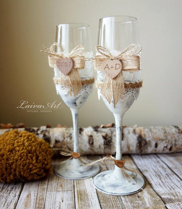 Rustic Wedding Champagne Flutes Toasting Glasses Bride And Groom