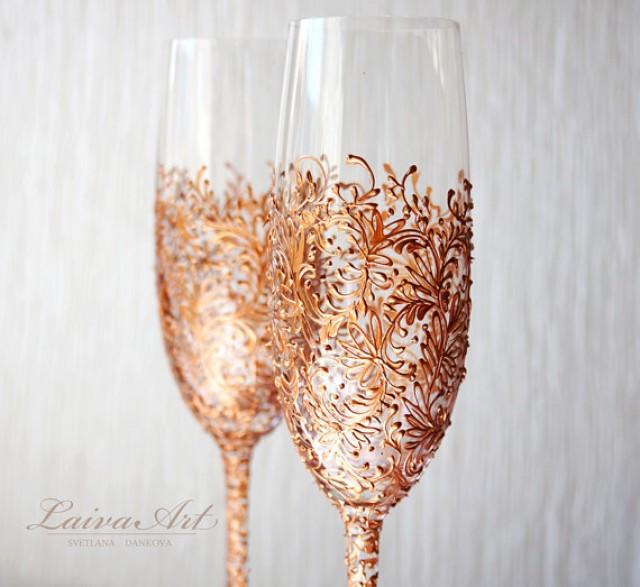Rose Gold Hand Painted Wedding Champagne Flutes