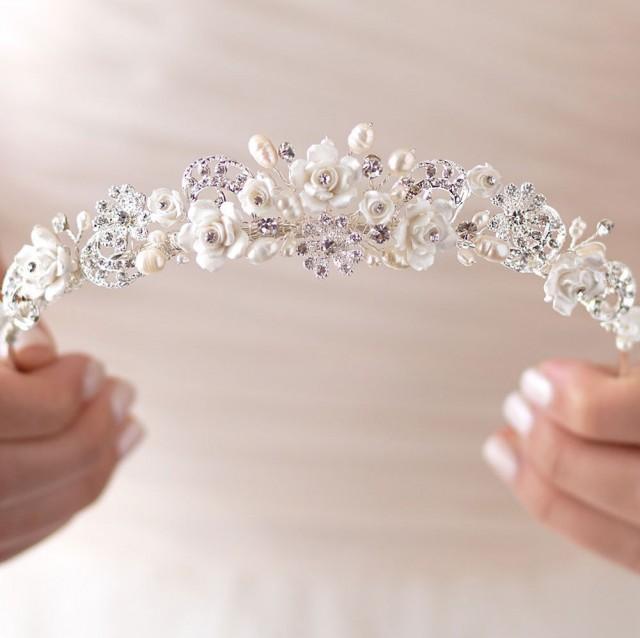 Rhinestone And Pearl Wedding Tiara Bridal Hair Accessory Pearl Bridal Tiara Floral Wedding 4227