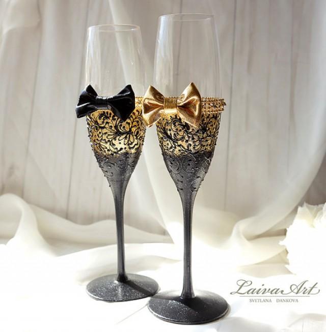 Gold Wedding Champagne Glasses Gatsby Style Wedding Toasting Flutes Gold And Black Wedding