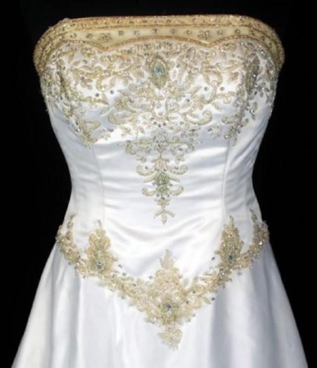 VICTORIAN Crystal Bead Sequin JEWELED Strapless Boned Bodice White Satin Gold EMBROIDERY Ivory