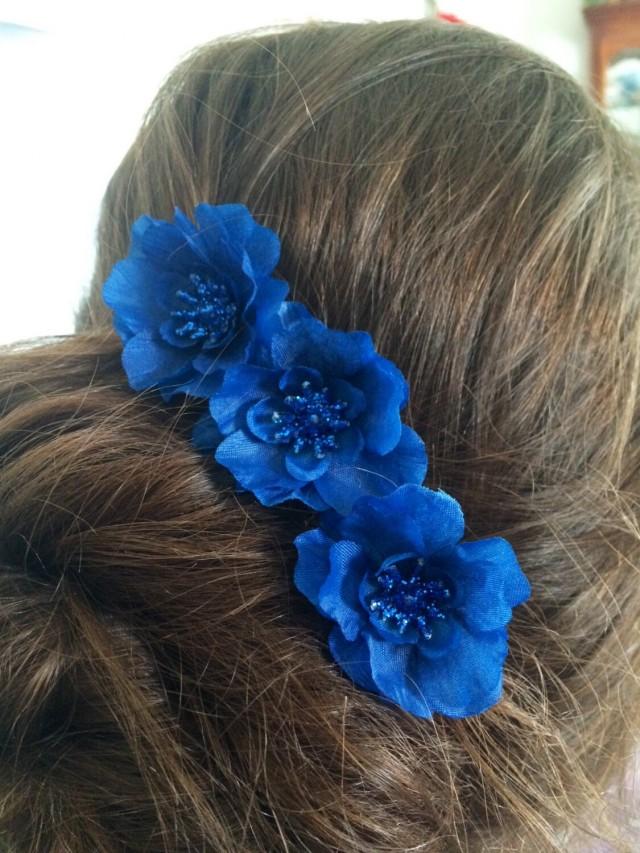 Hair Pin Set Of 3 Midnight Royal Blue Flower Handmade Bun Chignon