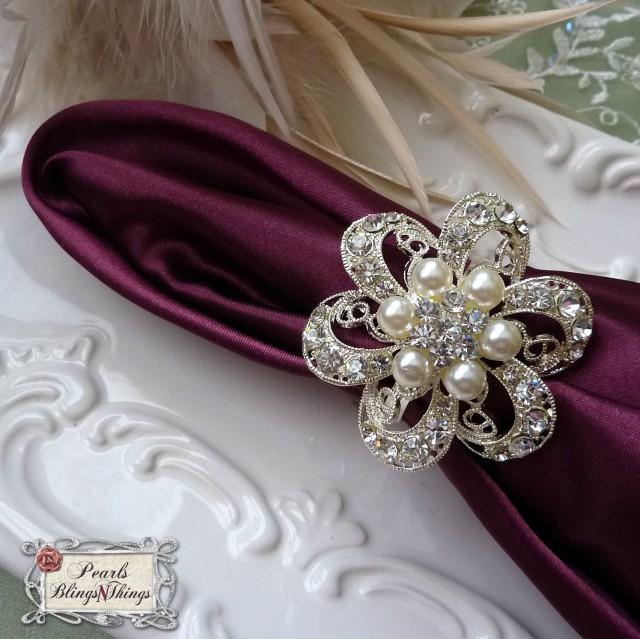 Sale Custom Pearl Crystal Rhinestone Silver Brooch Napkin Rings