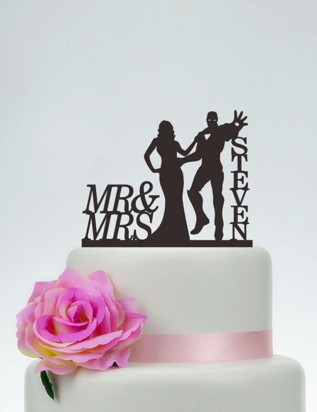 Personalized Iron Man holding Bride with Name Wedding Cake Topper 