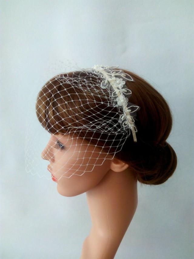 Lace Birdcage Veil Headband, Blusher Veil With Pearl Beaded Lace