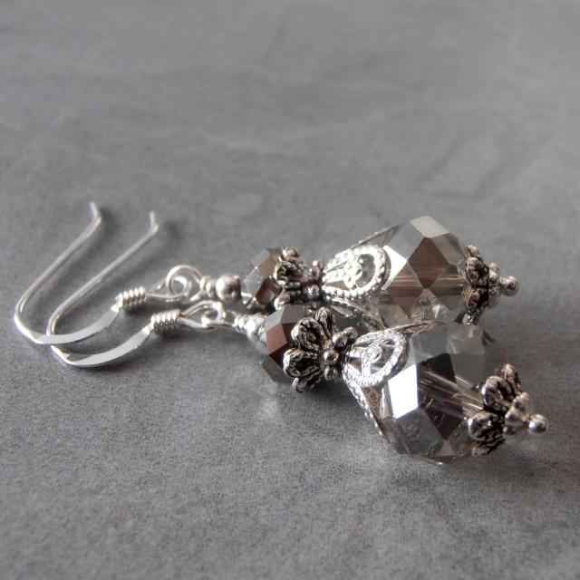 Gray Crystal Bridal Jewelry Bridesmaid Earrings Beaded Dangles Grey