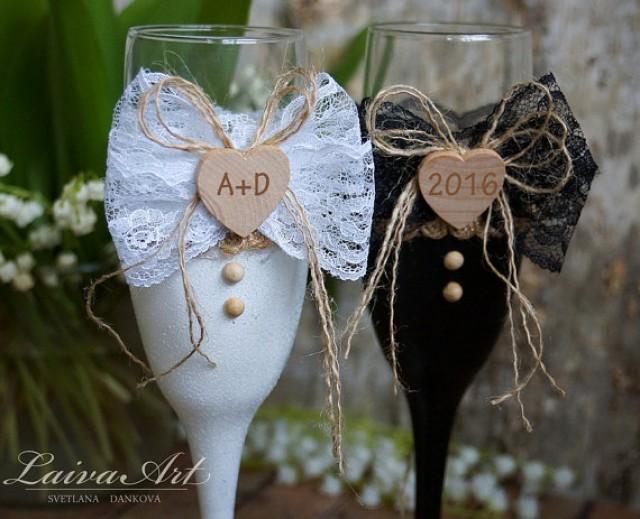Rustic Wedding Champagne Flutes Black & White Wedding Champagne Glasses ...