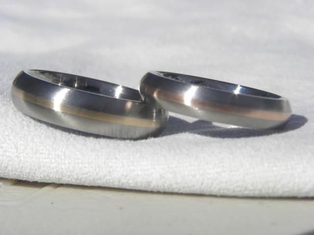 Titanium Ring SET, Domed Profile With A 1mm Gold Inlay Stripe #2609442