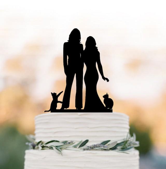 Lesbian Wedding Cake Topper With Cat Same Sex Mrs And Mrs Cake Topper Silhouette Cake Topper 
