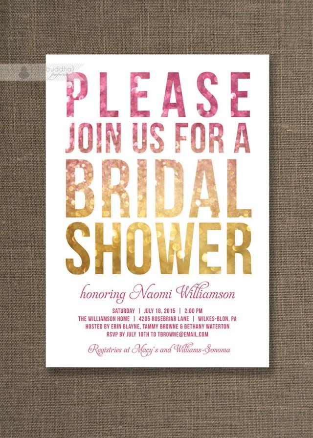 Pink And Gold Ombre Bridal Shower Invitation Modern Glitter Sparkle Typography Free Priority