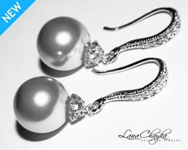 Light Grey Drop Pearl Earrings Gray Pearl Sterling Silver CZ Wedding