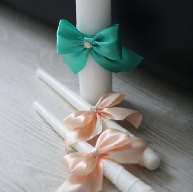 Mint Peach Unity Candles, White Pillar And Stick Wedding Candle, Mint