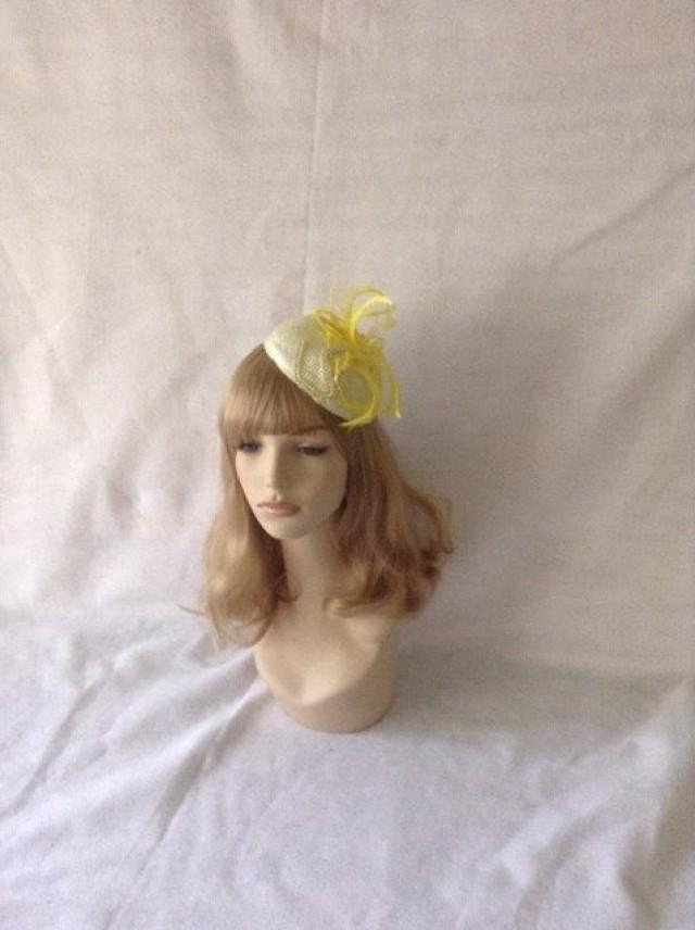 Yellow Feather Fascinator Hat, Yellow Mini Cocktail Hat, Yellow Button