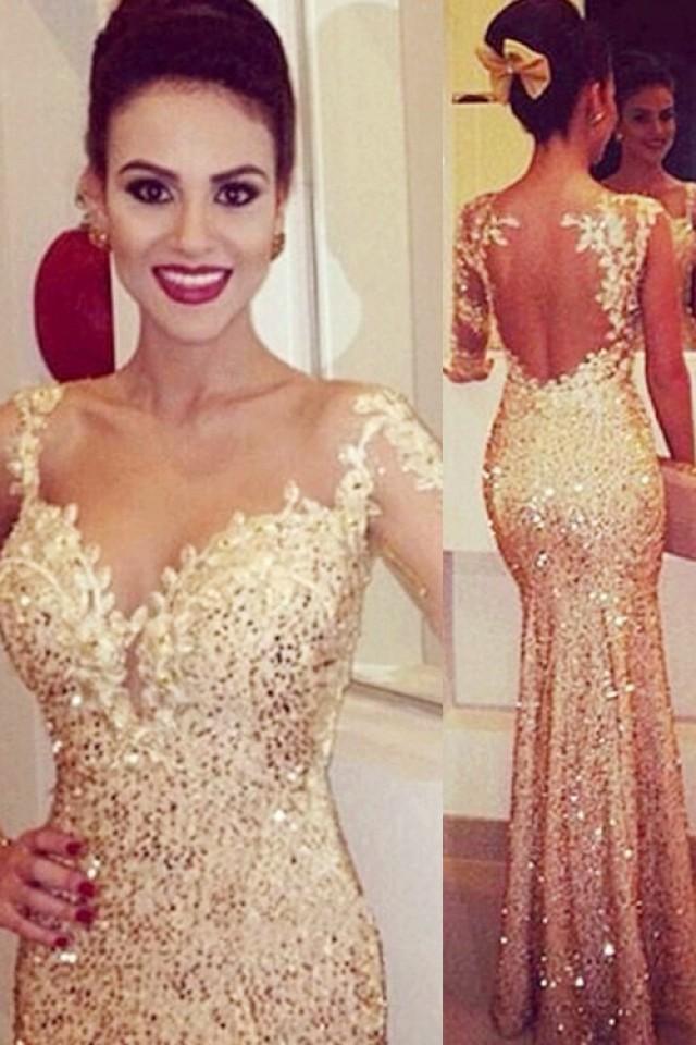 Mermaid Sweetheart Long Sleeves Gold Backless Evening Prom Dress With