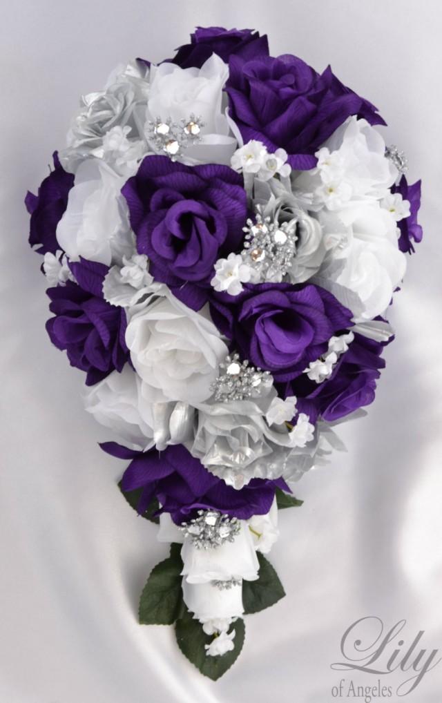 Wedding Flowers Brides Teardrop Bouquet 31cm long  Lilac & Ivory with diamante 
