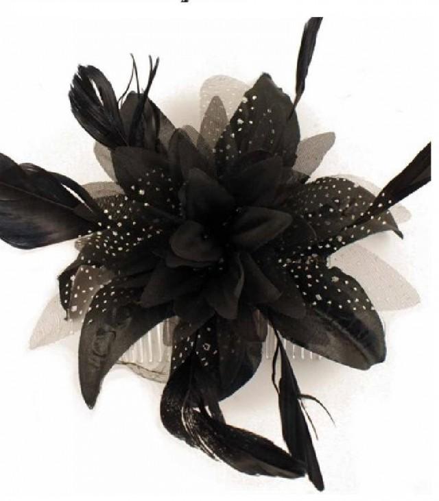 Black Fascinator Feather Flower, Wedding, Bridesmaid, Cocktail, Ascot