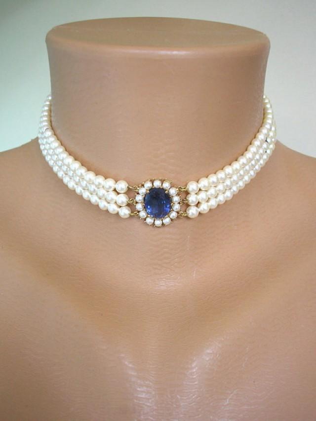 Sapphire Bridal Choker Wedding Necklace Great Gatsby Pearl Wedding