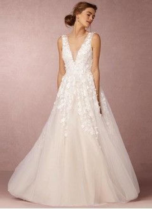 A Line Princess V Neck Floor Length Tulle Wedding Dress With Beading