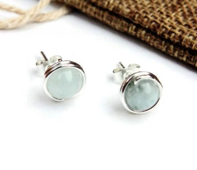 Aquamarine Stud Earrings, Silver Wire Wrapped March Birthstone Earrings