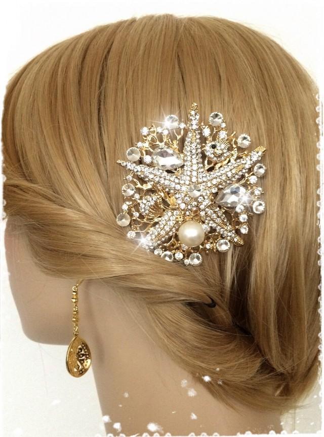Mermaid Inspired Crystal Gold Starfish Beach Wedding Hair CombCrystal&Pearl Side CombBridal