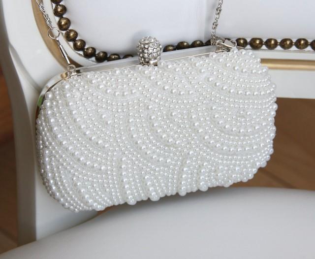 Bridal Handbag, White Pearl Bridal Clutch, Bridesmaid Gift, Pearl