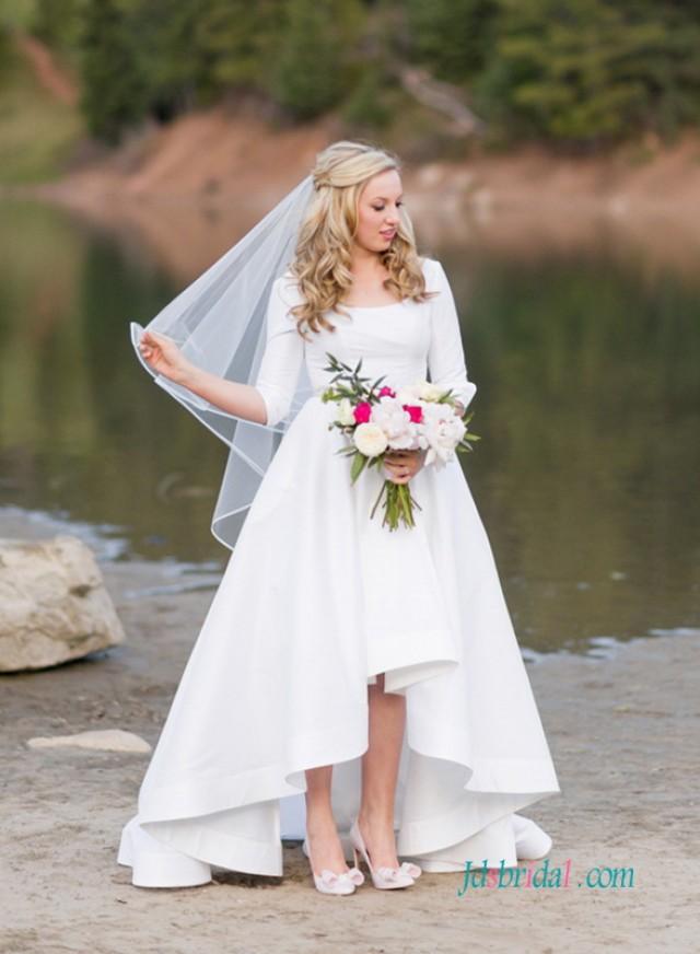 Simple High Low Hemline Taffeta Wedding Dress With Sleeves 2617858