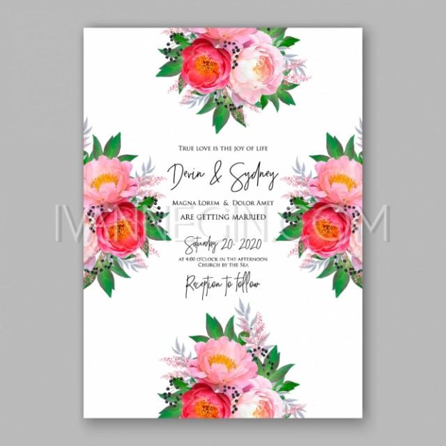 Peony Wedding Invitation Watercolor Floral Vector Unique Vector