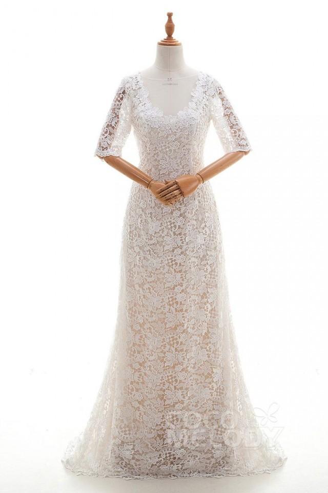 Fancy Sheath Column Illusion Natural Sweep Brush Train Tulle And Lace Ivorychampagne Half 
