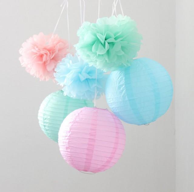 Set Of 9 Mixed Mint Green Blue Pink Tissue Paper Pom Poms And