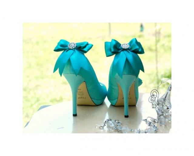 Shoe Clips Bow Teal / Royal Blue / White / Ivory. Sparkly Rhinestone