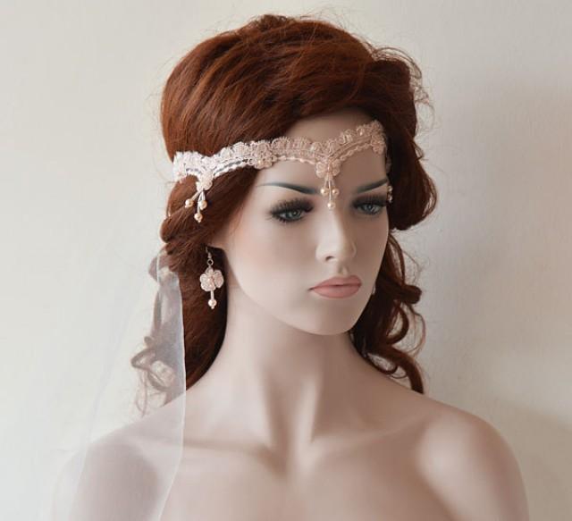 Wedding Lace Headband, Blush Pink Bridal Headband, Bridal Hair