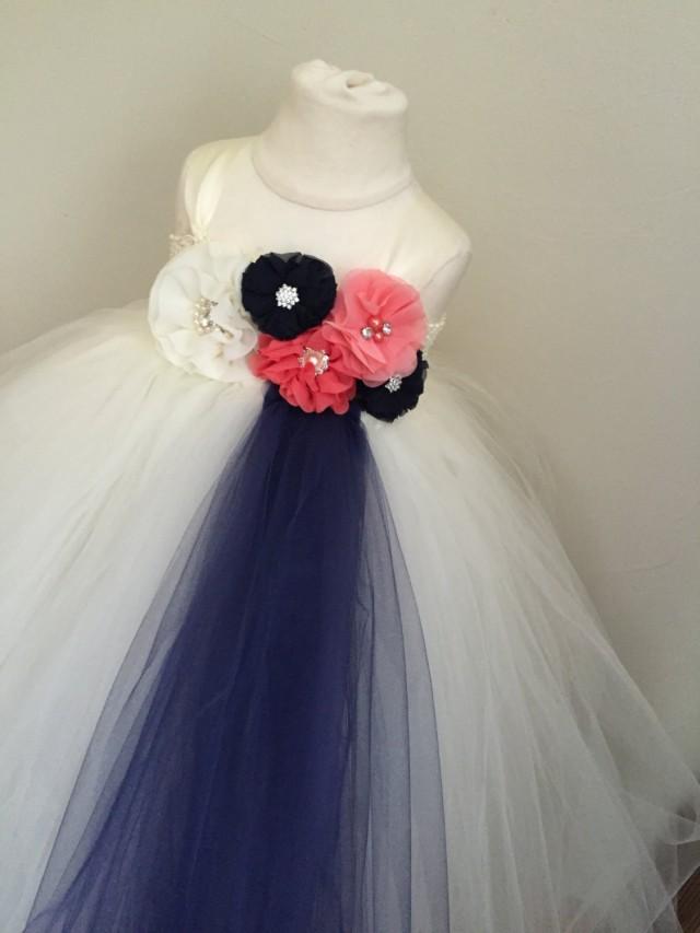 Ivory, Navy And Coral Girls Tulle Dress ...