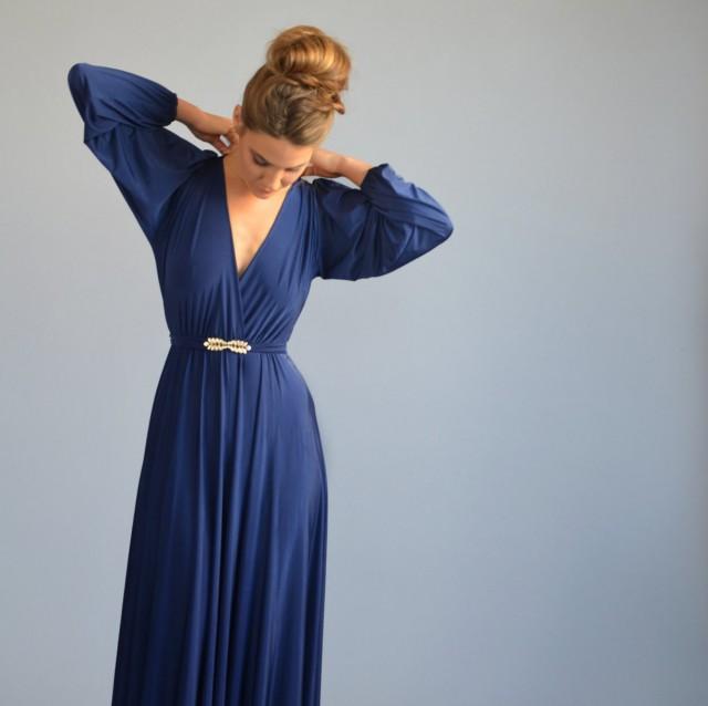 Blue Evening Dress Floor Length Bell Shape Dress Golden Feather