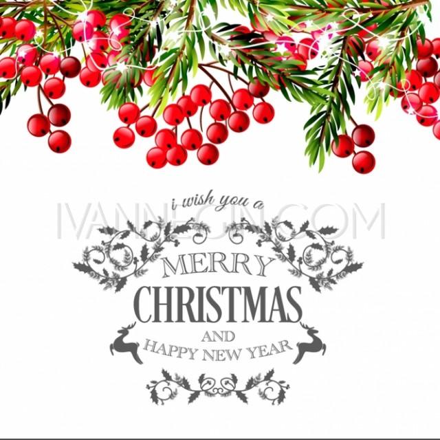 Merry Christmas And Happy New Year Invitation Template Gift Box, Balls, Lights Garland Pine Tree