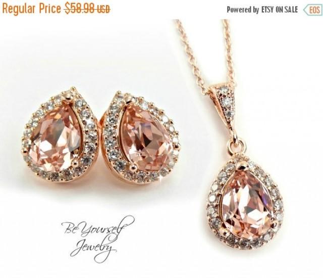 Soft Pink Wedding Jewelry Blush Bridal Earrings Rose Gold Bride Necklace Swarovski Vintage Rose 9972