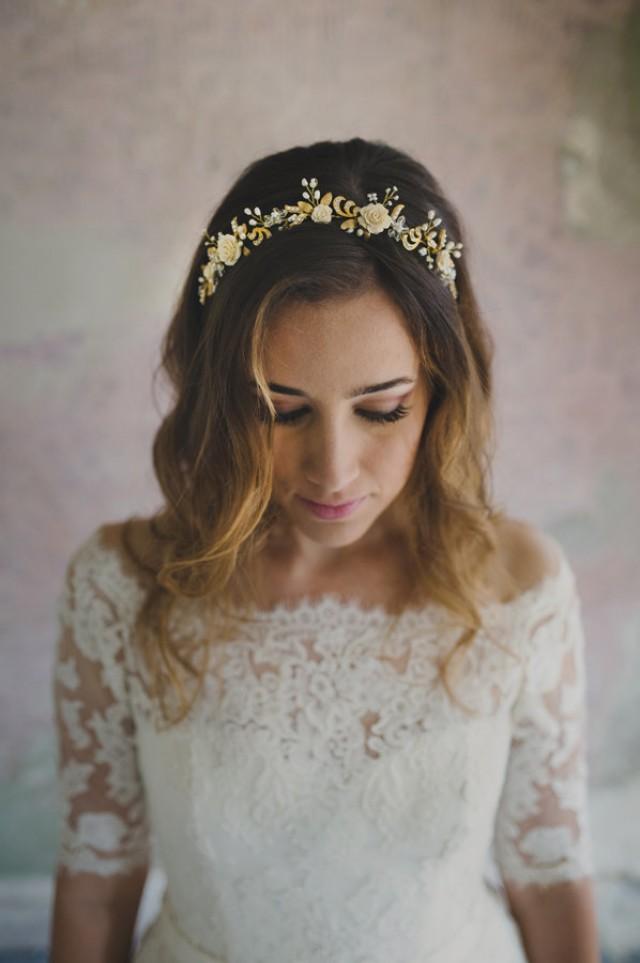 Wedding Rose Flower Headband, Bridal Floral Halo In Gold, Bride Hair
