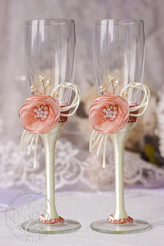 Flower Wedding, Blush Pink & Ivory, Toasting Glasses, Bride And Groom