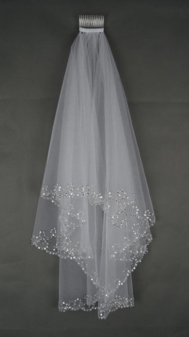 Off White 2 Tiers Elbow Length With Beads and Rhinestones Bridal Veil Diamond 