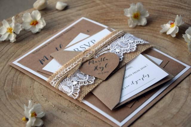 Burlap And Lace Wedding Invitation Kit, Personalized Wedding Invitations, Calligraphy Wedding