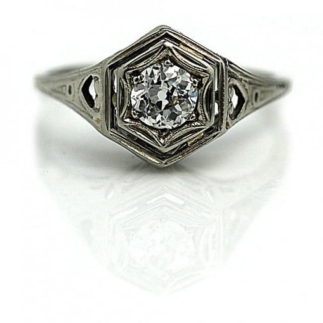Art Nouveau Engagement Ring Petite .35ctw Antique Engagement Ring Dainty 20K White Gold Vintage