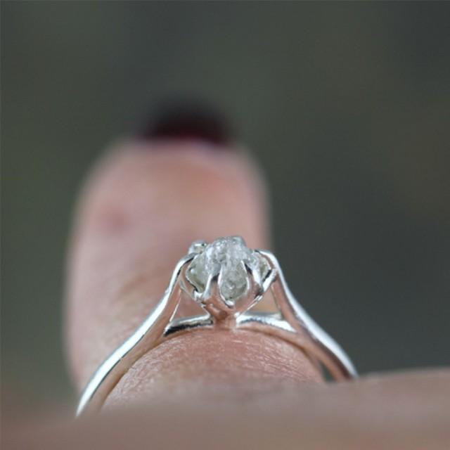 Raw Diamond Engagement Ring Basket Weave Setting Sterling Silver