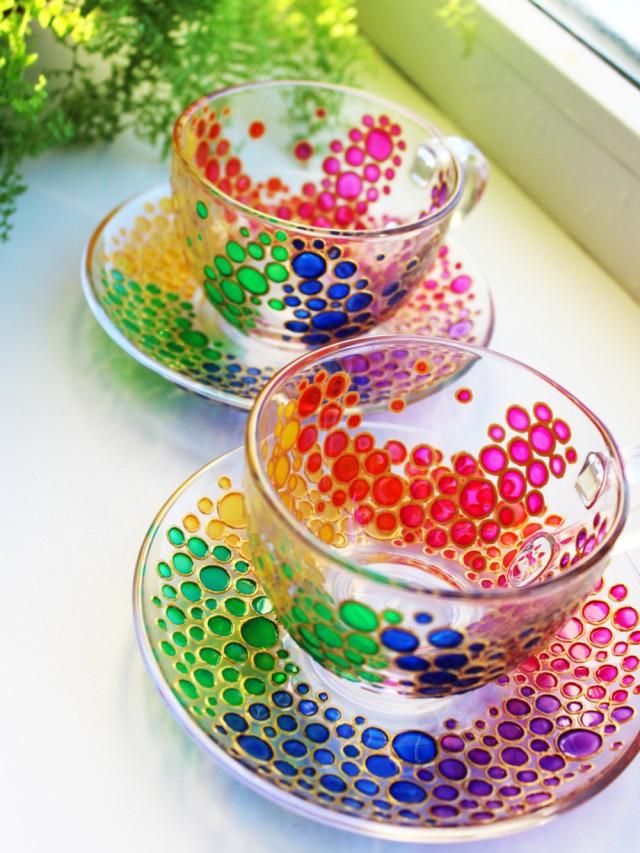2 Tea Cups And Saucers Set Of Multicolored Bubbles Tea Set Shimmer In The Sun Hand Painted