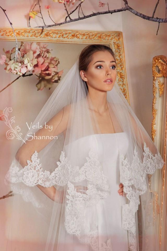 Drop Lace Wedding Veil In Cathedral Length,2 Tier Cathedral Lace Veil