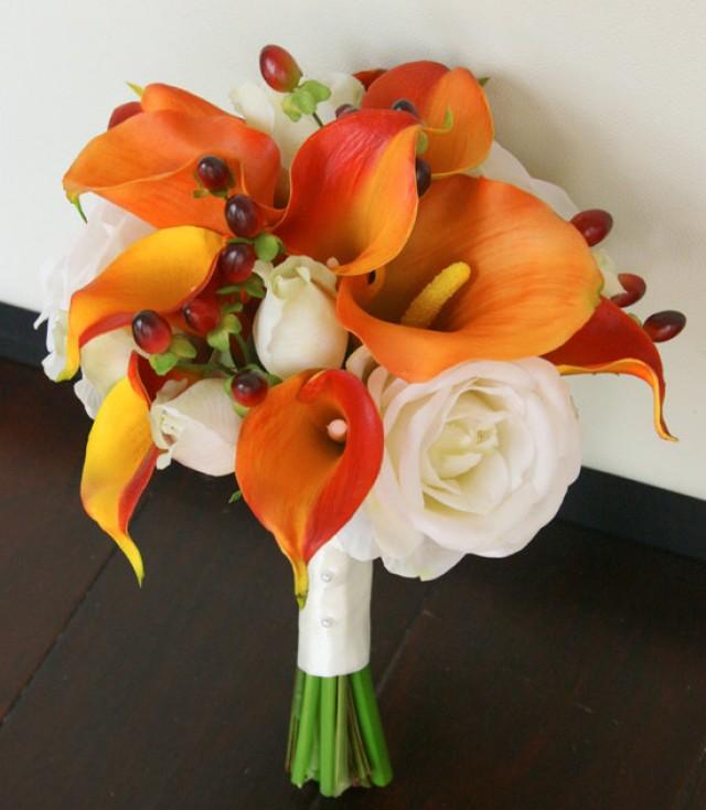 Silk Wedding Bouquet Natural Touch Wedding Flowers Orange Calla