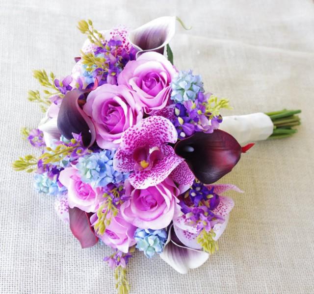 Wedding Purple Mix Of Fuchsia And Blue Lilac Natural Touch Wedding Purple Mix Of Fuchsia And Blue Lilac Natural Touch Orchids Callas Roses Silk Flower Bride Bouquet 2625719 Weddbook