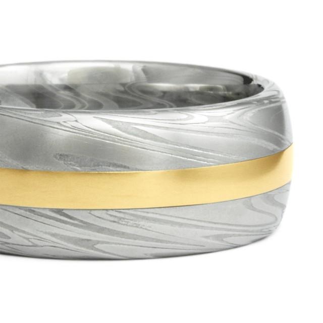 Gold Wedding Band Gold Inlay Damascus Mens Wedding Band. Half Round