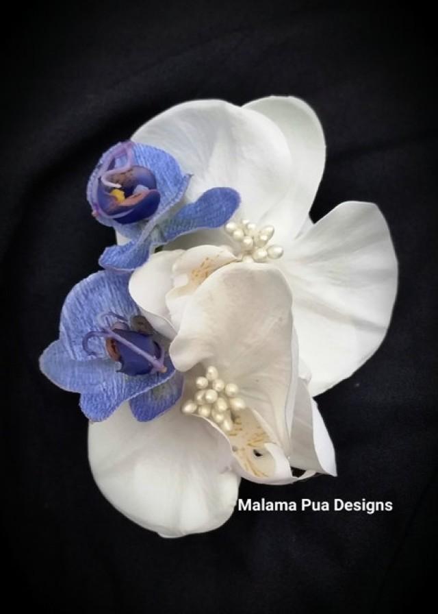 TROPICAL BRIDAL HAIR Clip, Blue & White Orchid Hair Flower, Hair