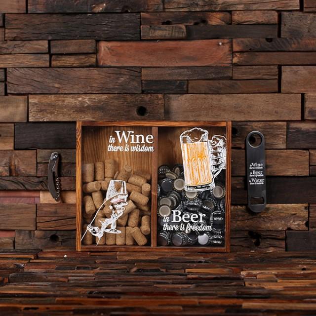 Beer Cap Holder Personalized Shadow Box FREE Bottle Opener Corkscrew Wine Cork Holder, Couple